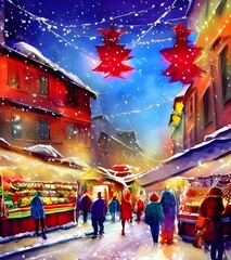 The market is bustling with people moving from stall to stall, laughter and chatter filling the air. The smell of mulled wine and gingerbread permeates everything, making the chilly night feel warm an