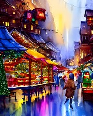 The Christmas market is in full swing, with people milling around the stalls and enjoying the festive atmosphere. The smell of mulled wine and cookies fills the air, and twinkling lights brighten up t