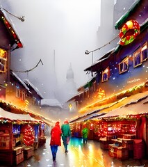 The Christmas market is in full swing, the air thick with the scent of roasting chestnuts and mulled wine. fairy lights twinkle overhead, casting a warm glow over the happy shoppers bustling about. Th