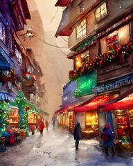 Fototapeta premium The evening air is crisp as I stroll through the market stalls, taking in the sights and sounds of Christmas. bright lights illuminate handmade gifts and tasty treats, whilst cheerful music fills the 