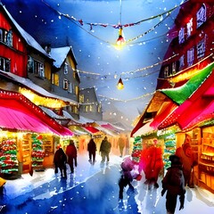 I'm at the Christmas market and it's evening. The air is cold and there's a bit of snow on the ground. There are stalls all around me selling lots of different things. There are people walking around 