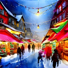Obraz premium I'm at the Christmas market and it's evening. The air is cold and there's a bit of snow on the ground. There are stalls all around me selling lots of different things. There are people walking around 
