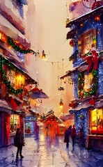 The Christmas market is open and busy this evening. There are people milling about, looking at the various stalls and enjoying the festive atmosphere. The smell of mulled wine and incense fills the ai