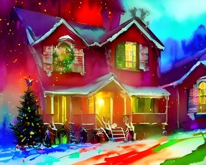 Fototapeta na wymiar It's a cold winter night and the snow is falling gently outside. The house is lit up with Christmas lights, and there are decorations in every window. A wreath hangs on the door, and garlands are wrap