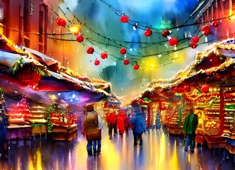The Christmas market is alive with people and lights. The air is thick with the smell of roasted nuts and cinnamon. Strings of fairy lights decorate the stalls, which offer everything from handmade je