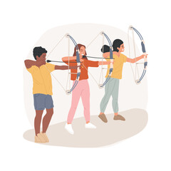 Archery club isolated cartoon vector illustration. Teen aiming with a bow, archery middle school team, physical activity, learning to shoot, student club, training concentration vector cartoon. - obrazy, fototapety, plakaty