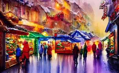 The Christmas market is in full swing with people milling about, enjoying the festive atmosphere. The stalls are piled high with all kinds of goodies, and the air is filled with the scent of mulled wi