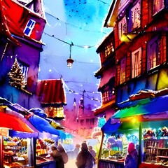 I'm at the Christmas market and it's so magical. The air is crisp and there's a light dusting of snow on the ground. all around me are little wooden huts, each selling something different. There are p - obrazy, fototapety, plakaty