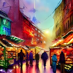 It's a beautiful Christmas evening, and the market is bustling with people. The air is full of the scents of pine trees and gingerbread, and the stalls are piled high with every kind of holiday decora
