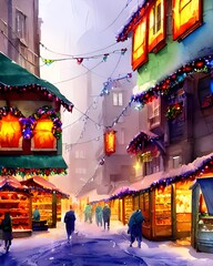 Obraz premium The Christmas market is bustling with people and the air is filled with the smell of spiced mulled wine. The stalls are decked out in fairy lights and there's a real festive atmosphere. You can buy ev