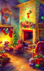 In the center of the room is a large fireplace that has been decorated for Christmas. On either side of the fireplace are two CHRISTMAS stockings hung with care. In front of the fireplace is a beautif
