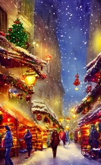Fototapeta premium The Christmas market is always so festive, and tonight it's bustling with people. The air is full of the scent of spices, sugar, and pine needles from the evergreen trees that line the square. There's