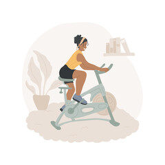 Exercise bike isolated cartoon vector illustration. Young woman riding a stationary bike, home training, people active lifestyle, physical activity, wellness exercises vector cartoon.