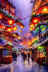 Naklejka premium The Christmas market is bustling with people and the air is filled with the scent of mulled wine. The twinkling lights reflect off the snow-covered ground and the sound of carols can be heard in the d