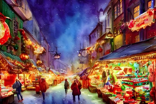 Snow is gently falling on the festive Christmas market. The air is thick with the smell of mulled wine and roasting chestnuts. Strings of lights twinkle overhead, casting a warm glow on the happy face