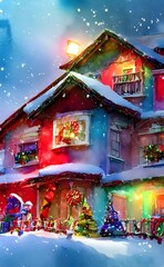 In the photo, there are many houses with Christmas decorations. The lawns are green and some have snow on them. There are lights on the roofs and in the windows of the homes. Some homeowners have wrap