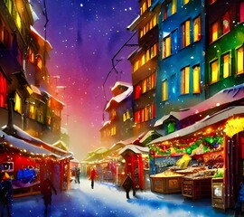 The Christmas market is in full swing, with people milling around and enjoying the festive atmosphere. The air is thick with the scent of mulled wine and roasting chestnuts, and there's a feeling of e