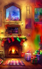 The mantle is adorned with elegant garland, red poinsettias, and stockings hung with care. flickering candles in old metal candle holders provide a warm glow, and fresh pine boughs fill the room with 