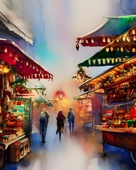 The Christmas market is bustling with people. The stalls are decorated with lights and there is a feeling of excitement in the air.
