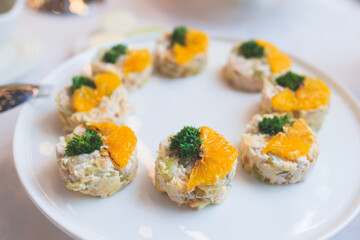 Catering table, beautifully decorated banquet with variety selection of different food snacks and appetizers on a corporate birthday party event or wedding celebration, delicatessen setting