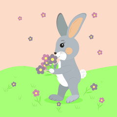 a rabbit walks on the green grass with a bouquet of spring flowers
