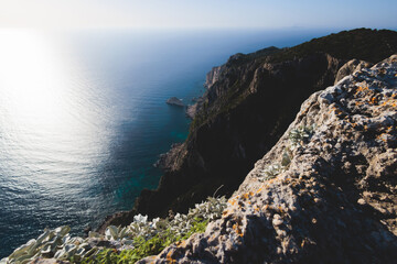 Angelokastro Castle near Palaiokastritsa and Krini, Corfu Island, Ionian sea, Central Corfu and Diapontia Islands, Greece, summer sunny landscape of Angelokastro byzantine fortress