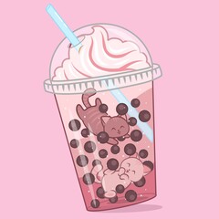Creative concept food illustration pet cats floating in sweet drink milk juice ice coffee with straw.
