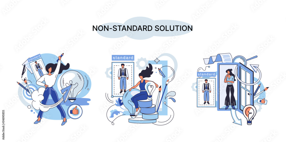 Poster non standart solution metaphor. creation of individual decision for integration of disparate product
