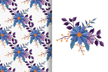 Blue purple floral watercolor seamless pattern
