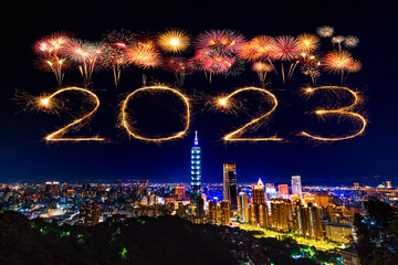 2023 happy new year fireworks over Taipei cityscape at night, Taiwan