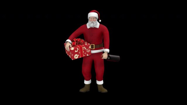 Drunken Santa Claus with gifts - 3d render looped with alpha channel. 