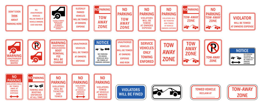 Parking sign and labels tow away zone no parking violator will be ticketed, fine, booted and tow away set
