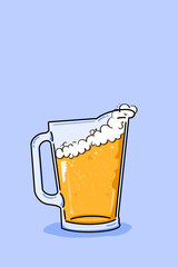 Illustration of a beer pitcher with foam on a blue background - obrazy, fototapety, plakaty