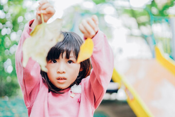 公園で葉っぱで遊ぶ女の子