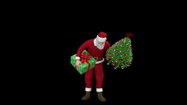 Drunken Santa Claus with gifts - 3d render looped with alpha channel. 