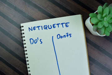 Concept of Netiquette with Do's and Don'ts write on a book isolated on Wooden Table.