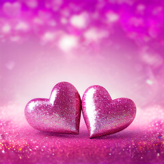 Fototapeta premium hearts on a red background, valentines card, Two Hearts On Pink Glitter In Shiny Background - Valentine's Day Concept