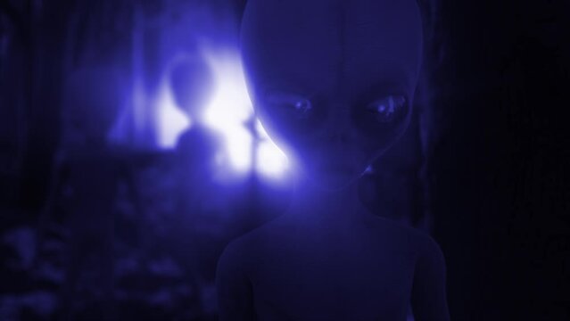 Chilling 3D CGI close-up of classic Roswell style grey aliens standing ominously silhouetted by a mysterious glaring blue light, in the middle of a dark and eerie forest at night