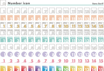 カラフルな番号（数字）アイコンのセット【sans serif】