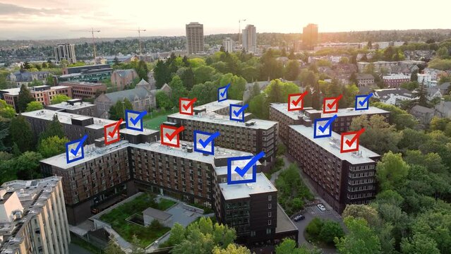 Drone shot of a college dorm with colored checkmarks appearing overhead representing how students voted.