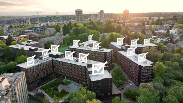 Aerial view of university housing with checkmarks popping up above the buildings to show which students have registered.