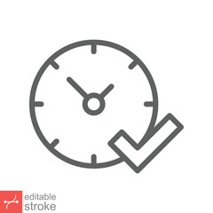 Check mark on clock icon. Simple outline style. Real time protection, perfect hour, circle watch, timer concept. Thin line vector illustration isolated on white background. Editable stroke EPS 10.
