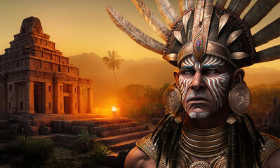 The great priest of the Aztecs near the pyramid. Realistic digital illustration. Fantastic Background. Concept Art. CG Artwork.