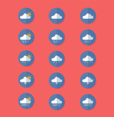 Modern Weather Icons Set Vector, In blue circle on Pink Orange Background