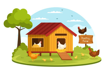 Obraz na płótnie Canvas Poultry Farming with Farmer, Cage, Chicken and Egg Farm on Green Field Background View in Hand Drawn Cute Cartoon Template Illustration