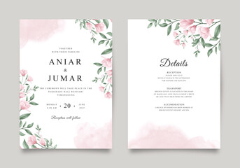 Fototapeta na wymiar Beautiful wedding invitation template with pink flowers and green leaves