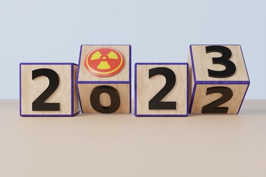 3D render of 2023 New Year change over from 2022. Blocks are used. A radioactive symbol is in place of the 0.