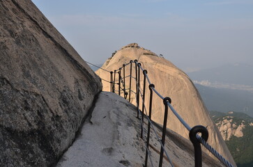 Stairs to climb a mountain in Bukhansan National Park, Seoul, South Korea