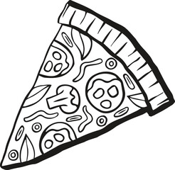 Pizza slice design. Tasty food symbol. Black lines style vector.