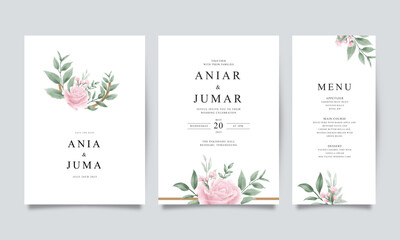 Wedding invitation template with roses and leaves